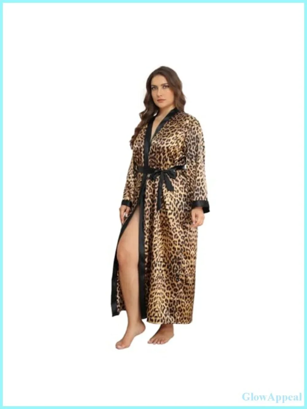 Silky Plus Size Kimono Robe Floral Leopard Long Sleeve Luxurious Sleepwear